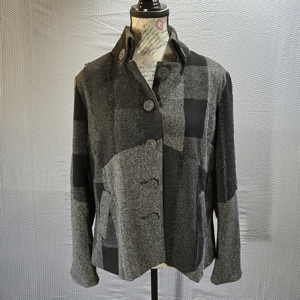 Coldwater Creek Black and Gray Patchwork Retro Boho Blazer
